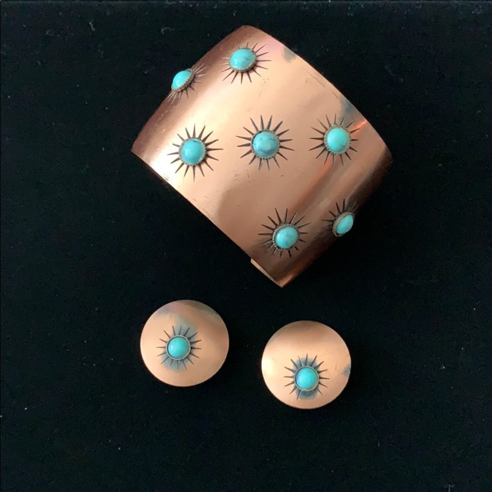 Vintage copper and turquoise cuff and earring set
